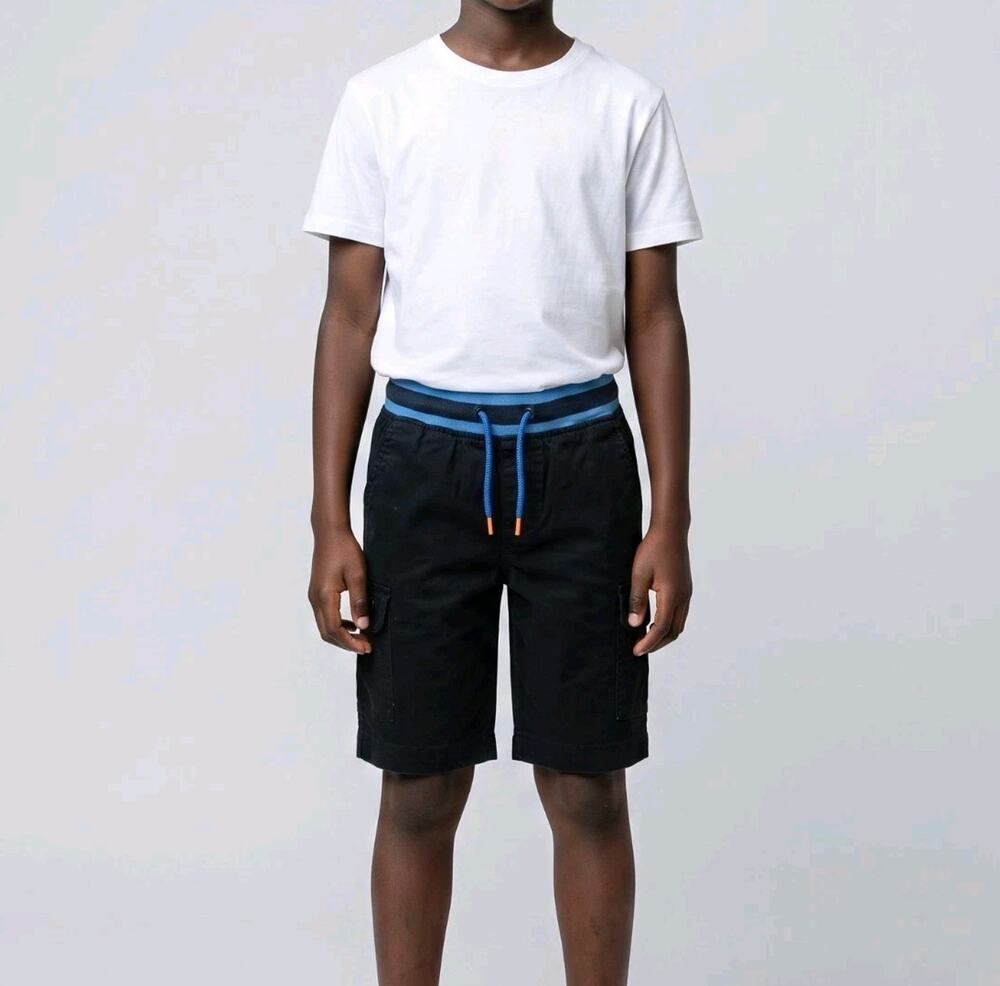 Wonder Nation Boys Pull On Cargo Shorts Size L 10-12 Black Blue Striped Twill